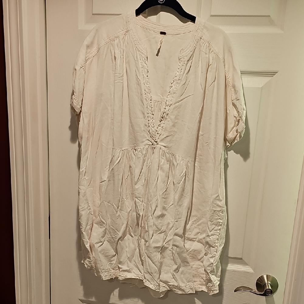 Free People White Ruched Short Sleeve Tunic